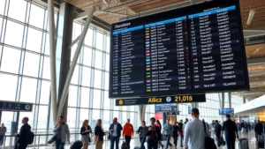 Modern airport terminal interior with departure board displaying flight information, travelers checking phones for flight updates, natural lighting from large windows, bustling atmosphere with people walking with luggage