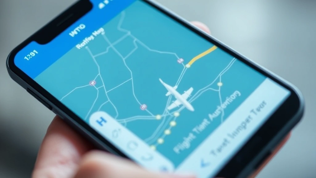 Close-up of smartphone screen showing flight tracking app with aircraft icon on map, real-time flight data and status information visible, blue and white interface design, hand holding phone