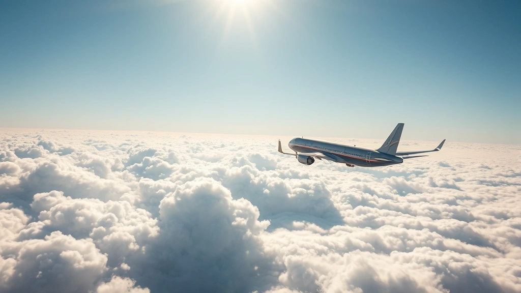 Airplane flying through clear sky above clouds during daytime, viewed from side angle showing aircraft in flight, natural sunlight illuminating fuselage, expansive cloudscape below