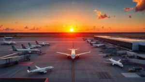 Aerial view of Tampa International Airport tarmac with commercial aircraft parked at gates during golden hour sunset, professional photography style, showing runway and terminal buildings