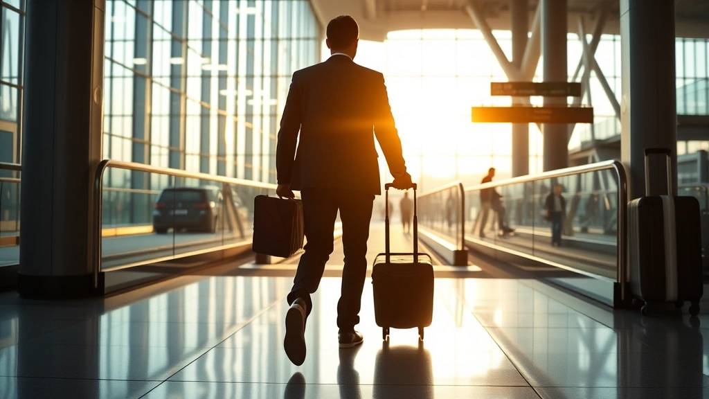 Business traveler walking through modern airport terminal with rolling luggage, natural lighting from large windows, contemporary airport architecture with moving walkways in background