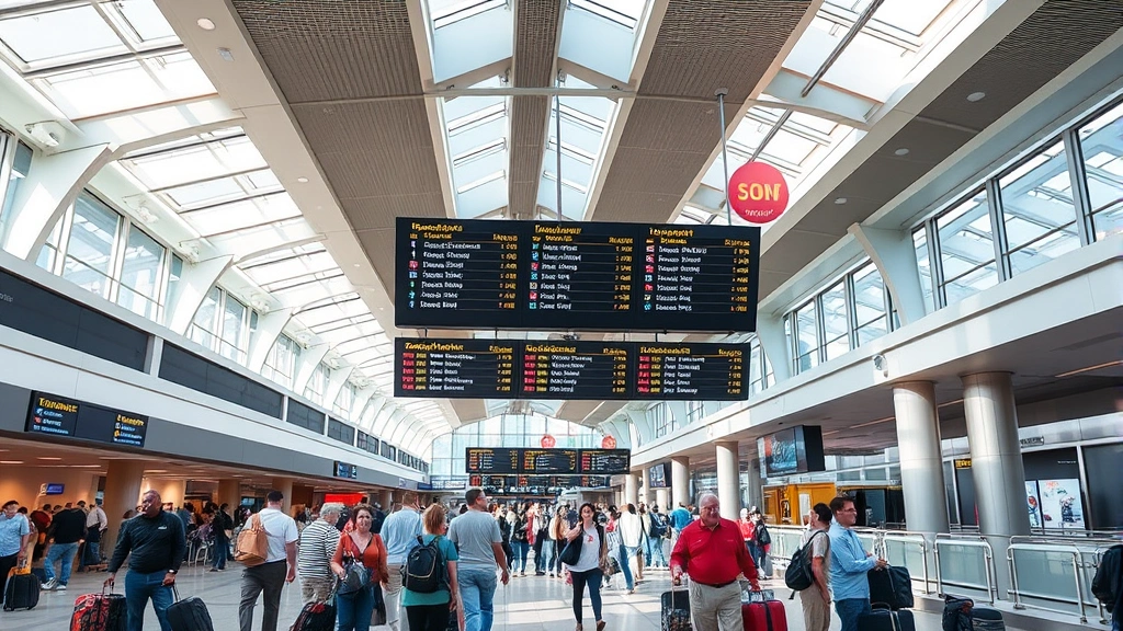 Hartsfield-Jackson Atlanta International Airport interior showing departure board and travelers with luggage in busy terminal, natural daylight from skylights, modern airport infrastructure