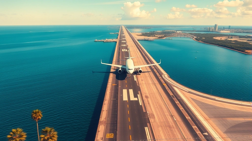 Aerial view of Tampa International Airport runway with commercial aircraft landing over blue water and palm trees, bright sunny Florida day, photorealistic