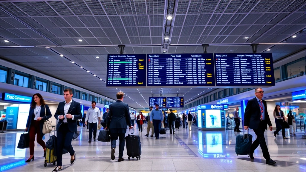 Passengers walking through modern airport terminal with digital flight information displays and blue lighting, businesspeople and travelers with luggage, dynamic atmosphere
