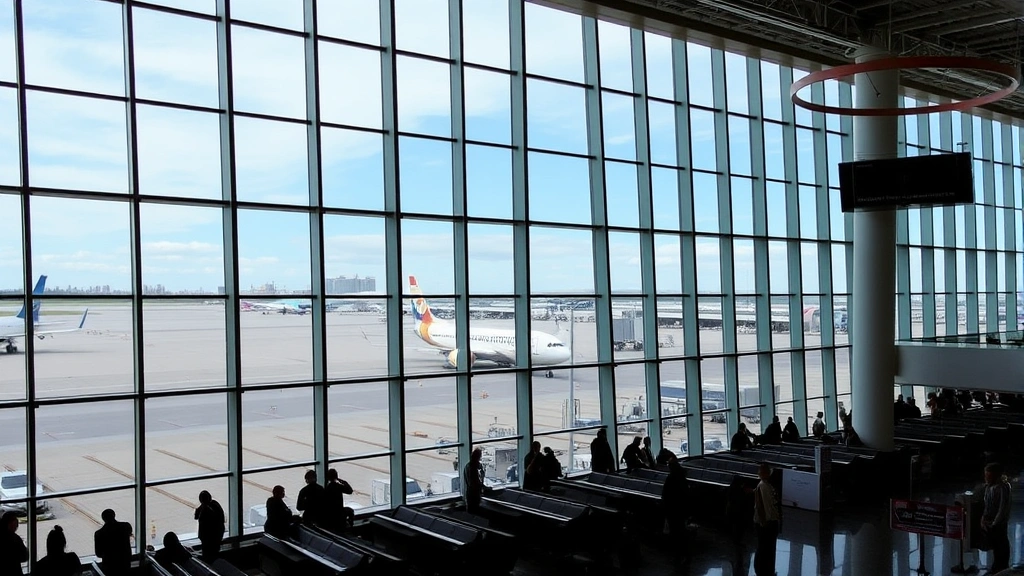 Boston Logan Airport terminal interior with large windows showing aircraft on tarmac, New England architecture, travelers at gates, professional travel environment