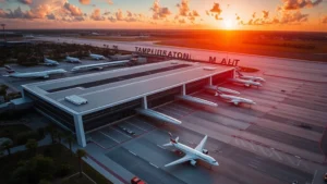 Aerial view of Tampa International Airport with modern terminal building and aircraft parked at gates during golden hour sunset, palm trees visible in background, vibrant Florida landscape