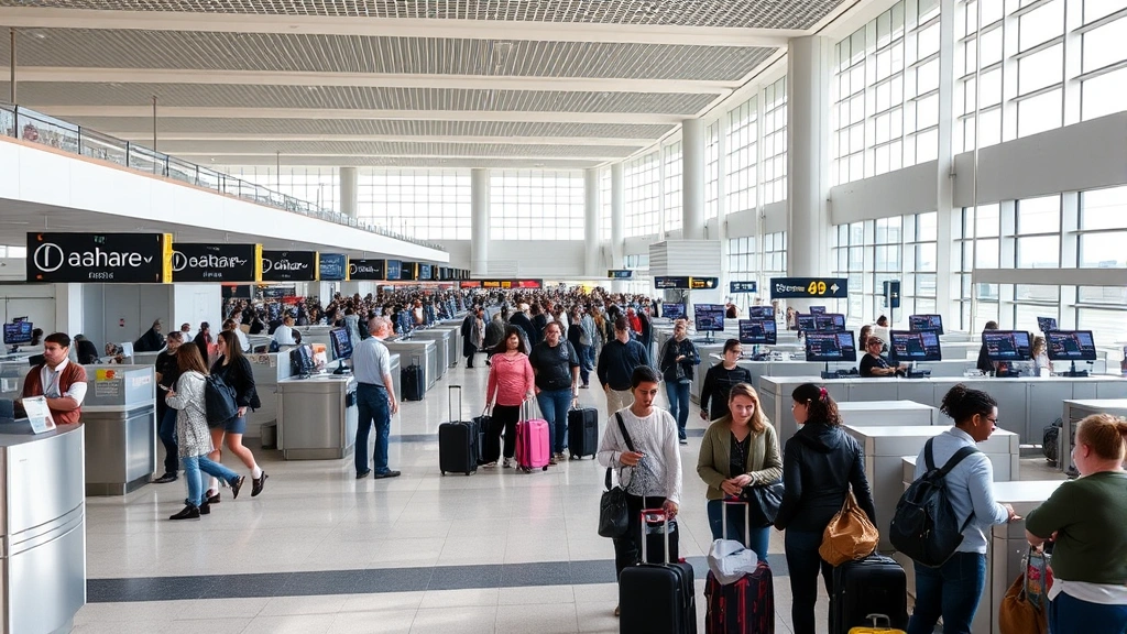 Busy Chicago O'Hare International Airport interior showing multiple airline check-in counters, diverse travelers with luggage, modern airport architecture with high ceilings and natural light