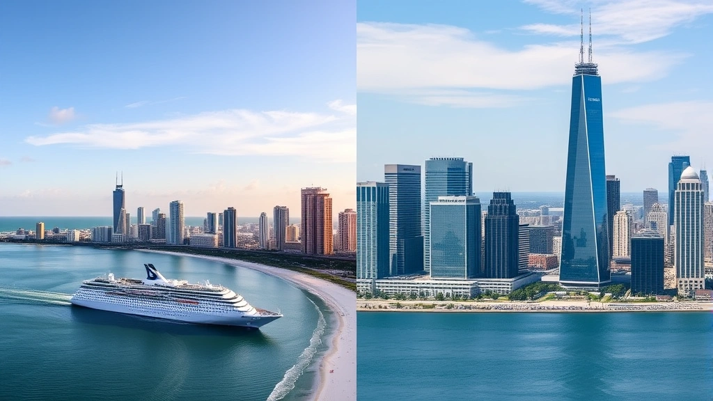Split-screen comparison showing Tampa skyline with cruise ships and beaches on left side, Chicago skyline with Willis Tower and Lake Michigan on right side, travel contrast imagery