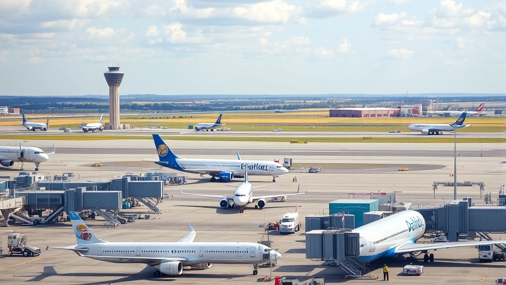Dallas Fort Worth International Airport exterior with multiple commercial aircraft parked at gates, control tower visible, Texas landscape in distance