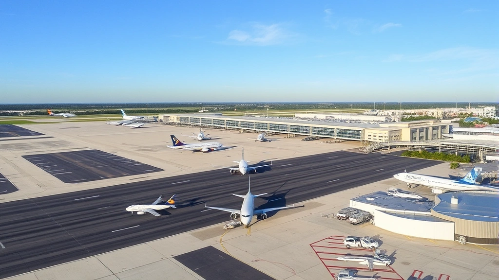 Aerial view of Tampa International Airport departure area with planes on tarmac and modern terminal buildings under clear blue sky
