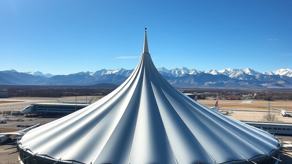 Denver International Airport iconic white tent roof architecture with snow-capped Rocky Mountains visible in background and sunlight