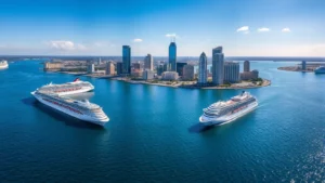 Aerial view of Tampa Bay waterfront with cruise ships and downtown skyline, bright sunshine, blue water, professional travel photography style