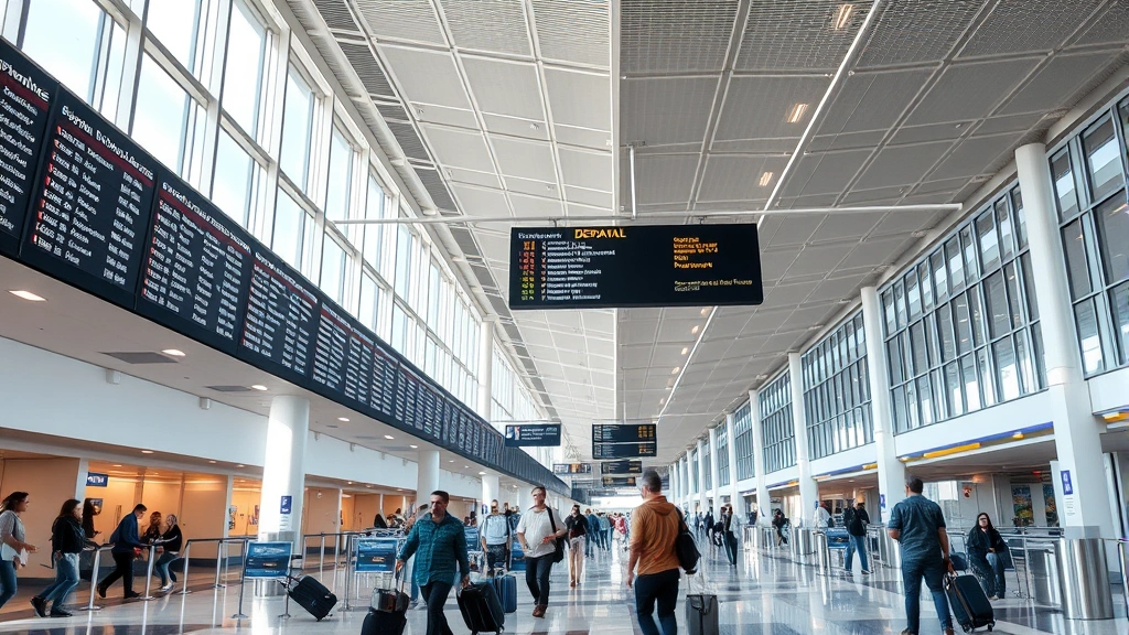 Modern airport terminal interior showing departure boards and travelers with luggage, natural lighting, busy but organized atmosphere, contemporary airport design