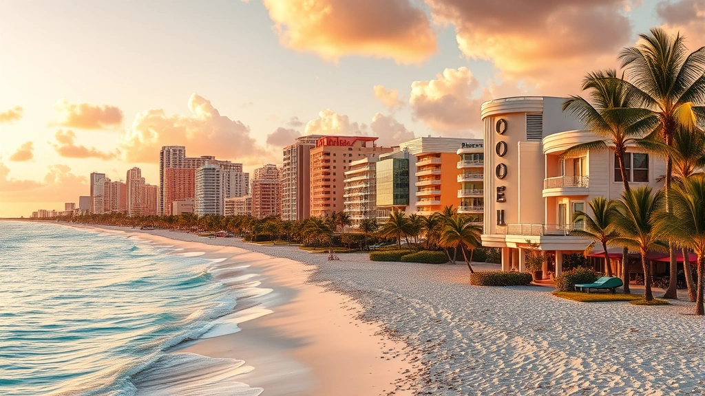Miami coastline with white sand beach, Art Deco buildings, turquoise ocean water, palm trees, vibrant South Florida landscape, golden hour lighting