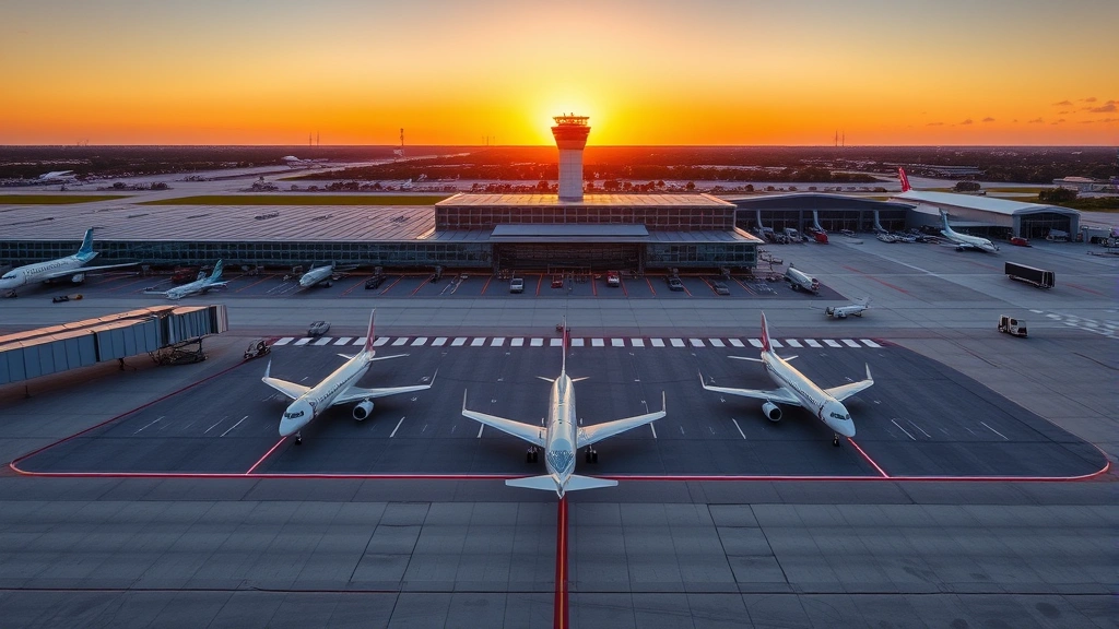Aerial view of Tampa International Airport tarmac with commercial jets parked at gates during golden hour sunset, modern terminal building visible, clear Florida sky, realistic photography