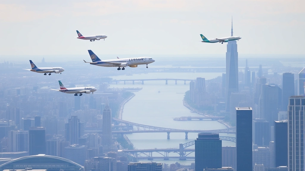 Busy New York City skyline with multiple commercial aircraft approaching LaGuardia or JFK airport, Hudson River visible below, Manhattan skyscrapers in background, daytime aviation scene