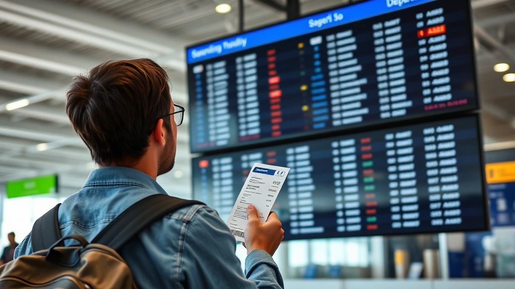 Traveler at airport gate holding boarding pass, looking at departure board showing flight times and gates, modern airport terminal interior, natural lighting, realistic travel scene