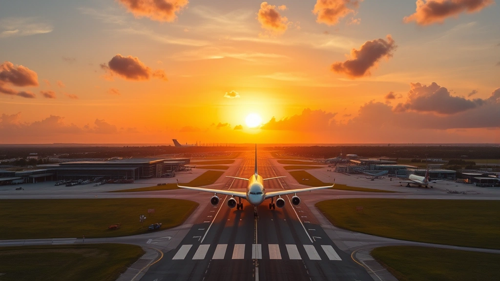 Aerial view of Tampa International Airport runway with commercial aircraft approaching during golden hour sunset, showing terminal buildings and tarmac infrastructure