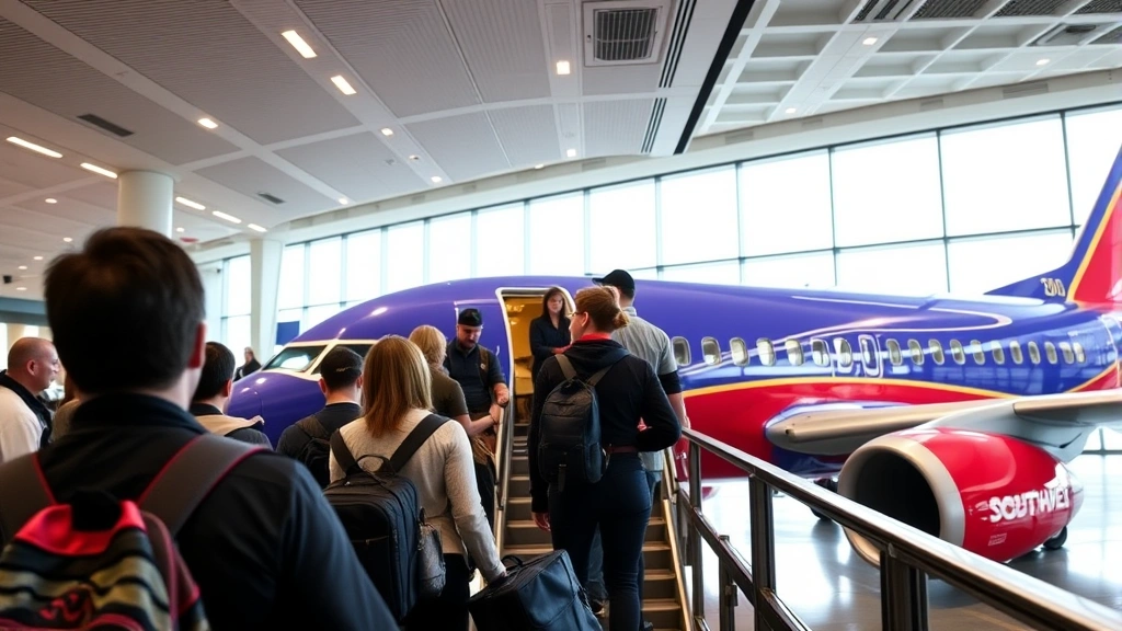 Passengers boarding Southwest Airlines aircraft at gate in modern airport terminal, showing cabin crew welcoming travelers with bright interior lighting