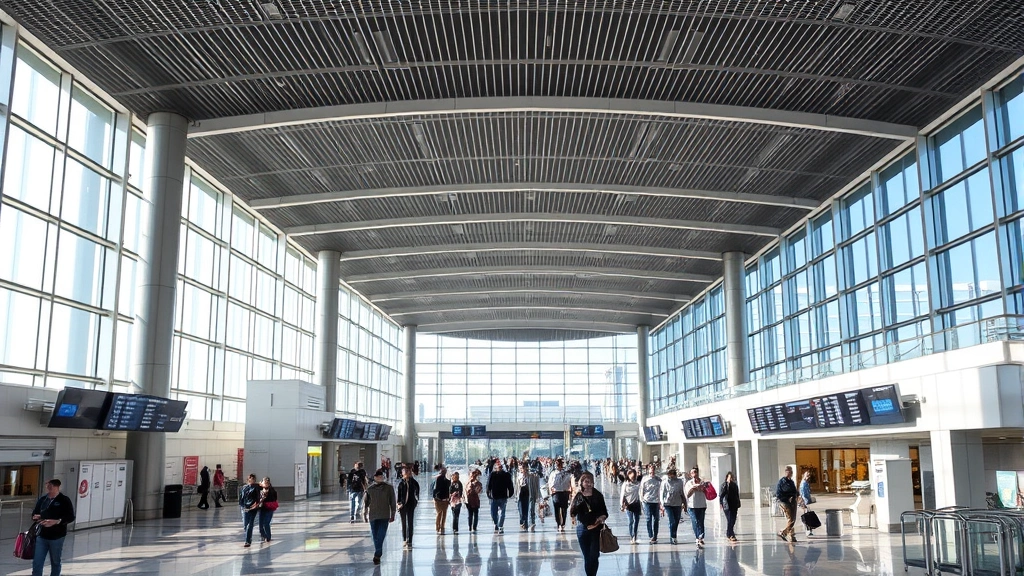 Philadelphia International Airport terminal interior with travelers walking through modern concourse, showing departure boards and contemporary architecture with natural lighting