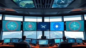 Professional air traffic control tower interior with multiple radar screens displaying aircraft positions and restricted airspace zones, controllers monitoring real-time flight data in modern facility
