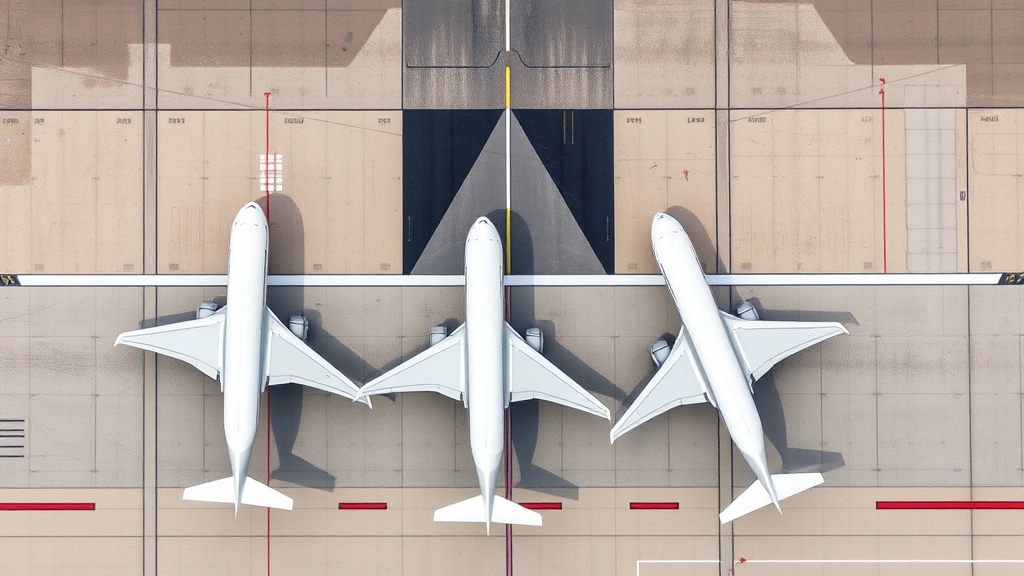 Aerial overhead view of commercial aircraft lined up on taxiway with visible runway markings and ground support vehicles, showing typical airport operations during restricted airspace conditions