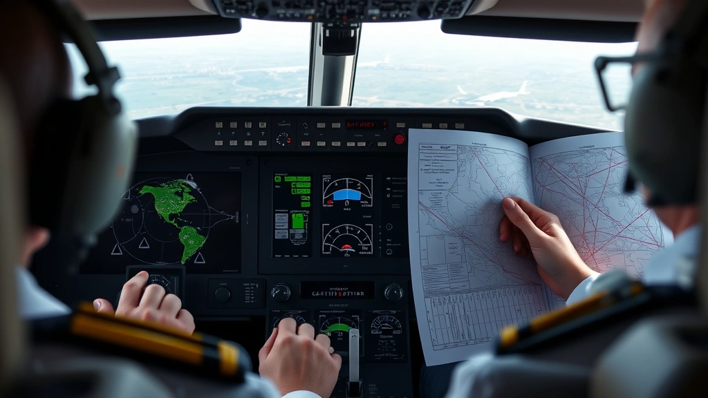 Close-up of pilot in cockpit reviewing flight charts and navigation systems with visible map displays showing airspace restrictions and alternate routing options on avionics screens