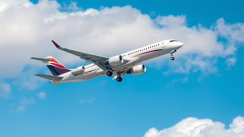 Modern narrow-body aircraft in flight against bright blue sky with clouds, sleek white fuselage with distinctive livery, photographed from below showing aerodynamic design and landing gear