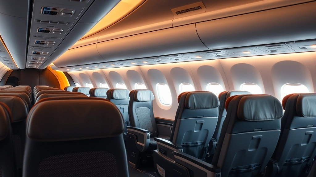 Comfortable aircraft cabin interior with rows of seats upholstered in modern fabric, window seats with individual reading lights, overhead bins, warm cabin lighting creating welcoming atmosphere for passengers