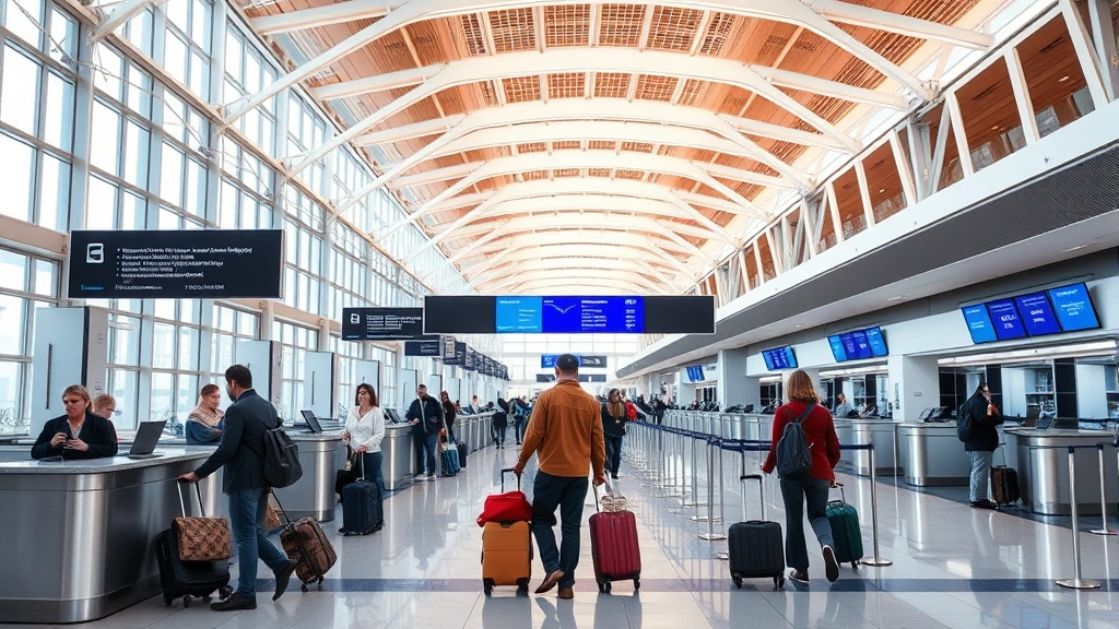 Airport terminal interior showing modern check-in counters with digital displays, travelers with luggage, contemporary architecture with natural lighting, professional ground staff assisting passengers