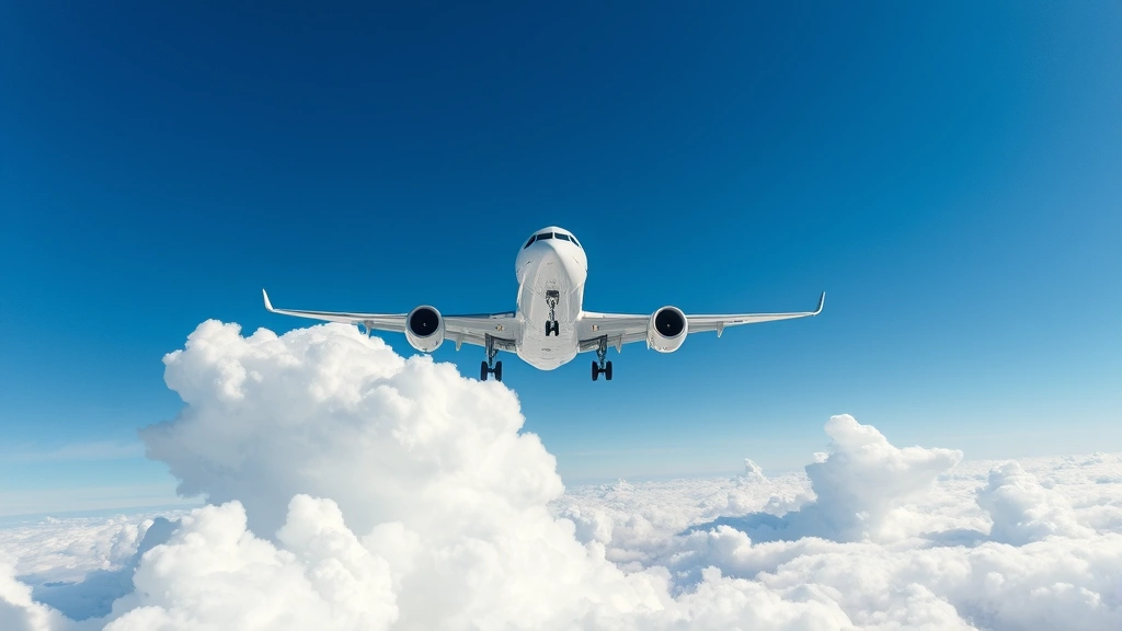 Commercial aircraft cruising at high altitude through clear blue sky with white clouds below, professional photography style, daytime lighting, wide-angle perspective showing aircraft stability