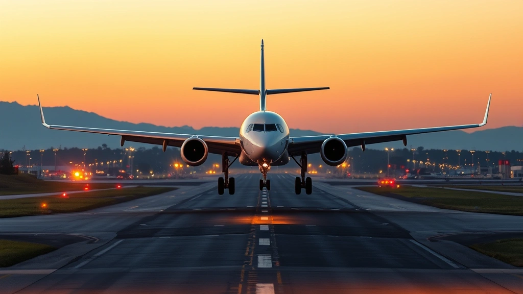 Modern commercial aircraft landing at sunset with airport runway lights illuminated, professional aviation photography, dynamic perspective capturing landing approach, clear weather conditions