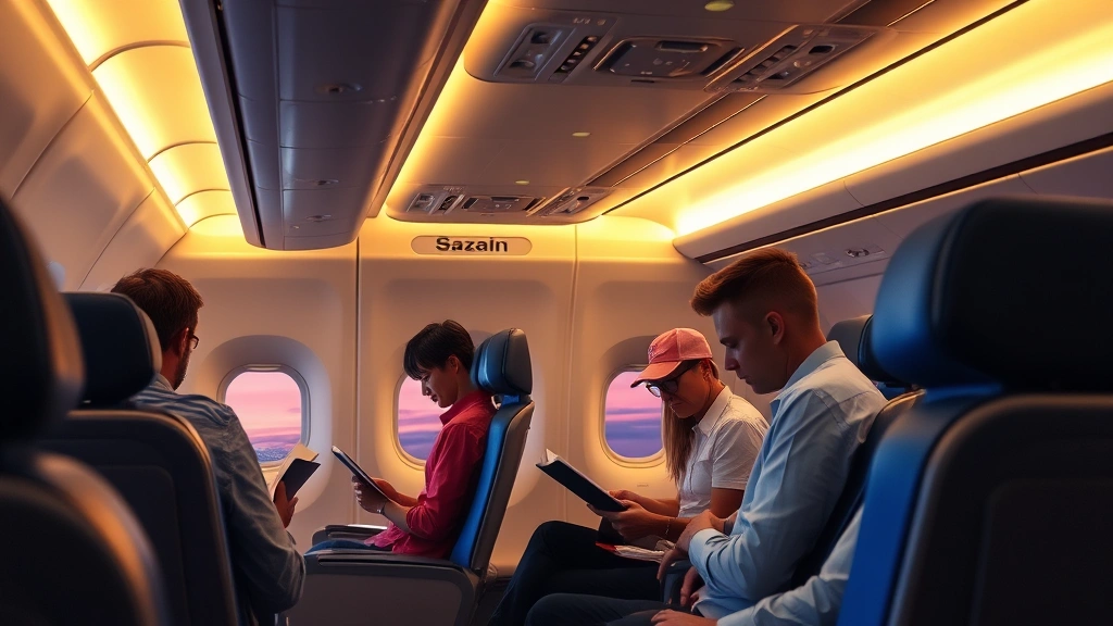 Professional airline cabin during evening flight with overhead lights dimmed to amber, passengers reading and resting, window shade showing dusky sky outside, modern aircraft interior with blue seat covers