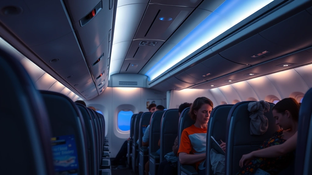 Airplane cabin interior during evening flight with passengers in various stages of rest, soft ambient lighting, modern aircraft seating configuration, realistic cabin atmosphere with some travelers sleeping