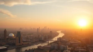 Photorealistic aerial view of Cairo skyline at sunset with Nile River winding through cityscape, modern buildings and ancient structures visible, golden hour lighting, no text or signs visible
