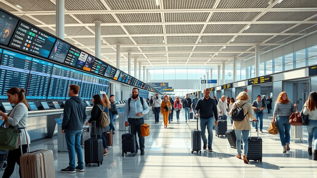 Photorealistic image of diverse travelers at modern airport terminal with flight boards, people checking luggage and walking through gate area, bright natural lighting, no visible text on boards or signs