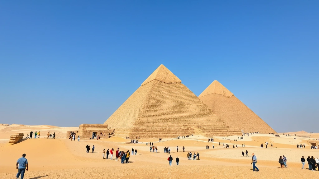 Photorealistic photograph of Cairo's iconic pyramids at Giza with desert landscape, clear blue sky, tourists exploring the ancient monument, natural daytime lighting, no visible text or signage