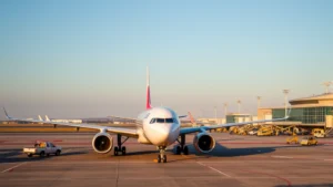 Modern aircraft on Tokyo Haneda Airport tarmac during golden hour, with ground crew and airport vehicles visible, clear blue sky background