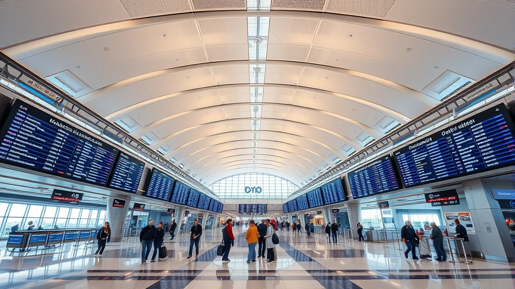 Spacious airport terminal interior at Hamad International Airport Doha showing departure boards and modern architecture with travelers checking information