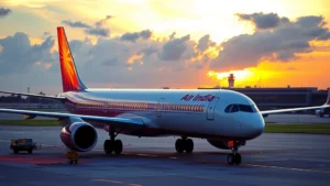 Modern commercial aircraft in Air India livery positioned on tarmac at sunset with warm golden light reflecting off fuselage, ground crew visible in distance, terminal building silhouetted in background, tropical Indian airport setting