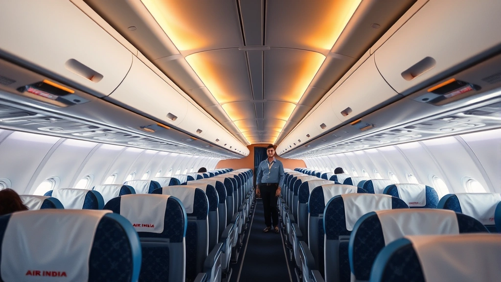 Interior cabin view of Air India aircraft showing spacious economy seating with comfortable fabric seats in blue and white colors, overhead bins, aisle with professional flight attendant service, soft warm cabin lighting, modern aircraft interior design
