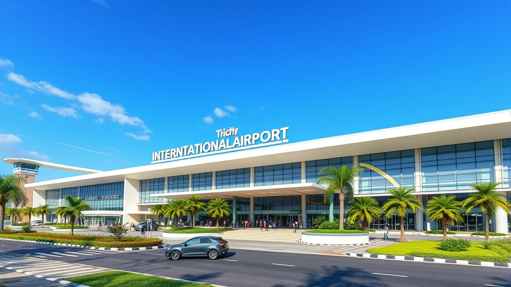 Trichy International Airport modern terminal building exterior with contemporary architecture, glass facades, landscaped green areas, vehicles and passengers moving through entrance areas, clear blue sky, tropical vegetation, professional airport infrastructure