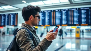 Passenger checking flight status on smartphone at airport terminal with departure board visible in background, modern airport setting, realistic travel photography