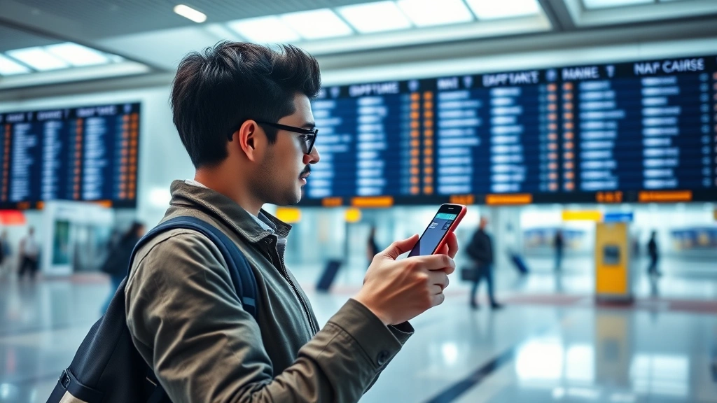 Passenger checking flight status on smartphone at airport terminal with departure board visible in background, modern airport setting, realistic travel photography