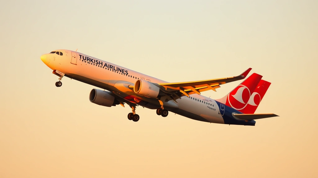 Turkish Airlines aircraft taking off at sunset with clear sky, commercial jet in flight, realistic aviation photography showing motion and altitude