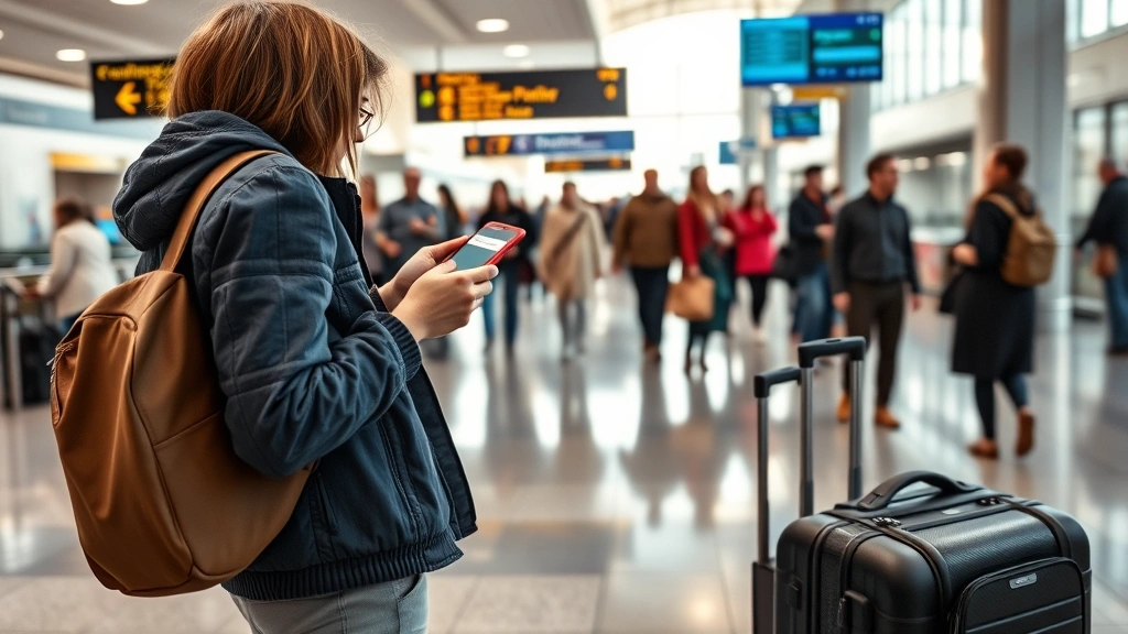 Traveler at airport gate with boarding pass and luggage, checking mobile device for flight information, busy terminal environment with other passengers, natural lighting