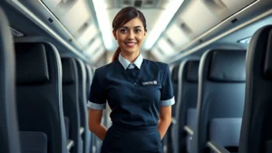Professional female flight attendant in United Airlines uniform standing in modern aircraft cabin galley, natural lighting from windows, confident posture, realistic aircraft interior background