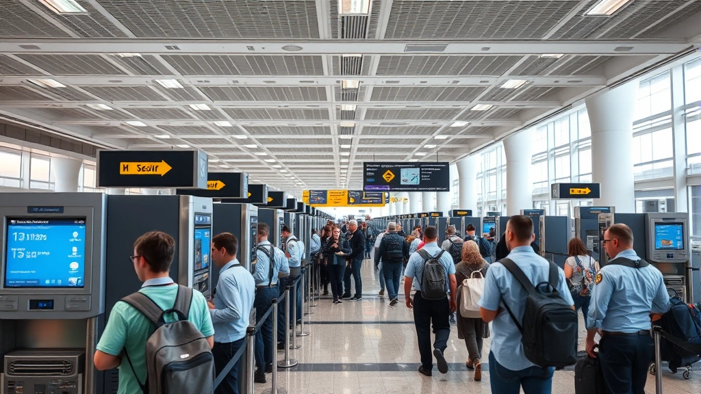 Contemporary airport security checkpoint with TSA agents and passengers, showing modern scanning equipment and security infrastructure, busy but organized travel environment