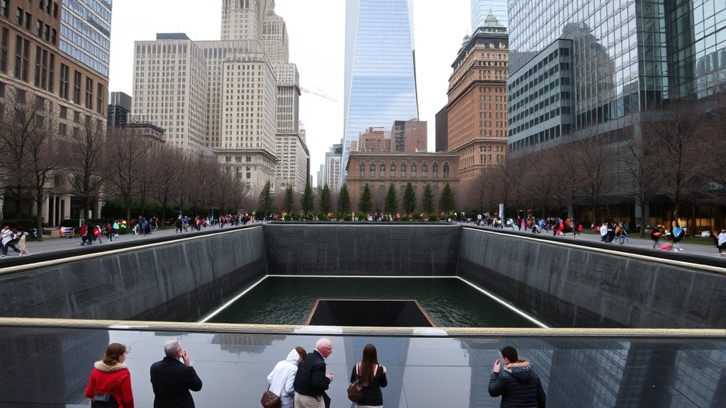 9/11 Memorial & Museum in New York City with reflecting pools and surrounding architecture, daytime photography showing visitors paying respects, solemn and dignified setting