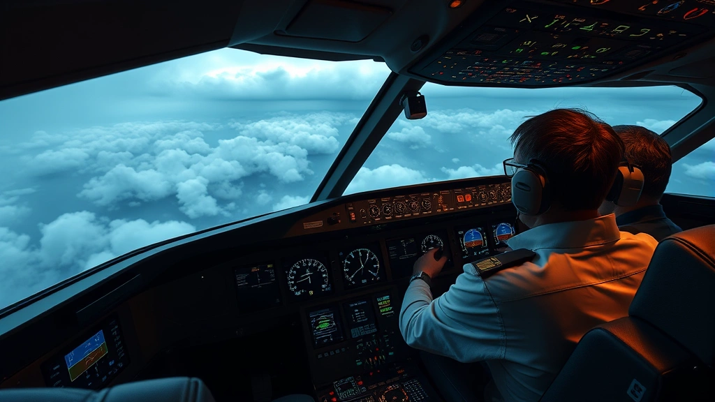 Commercial aircraft cockpit during flight with pilots monitoring instruments and weather radar systems during stormy conditions, realistic aviation environment